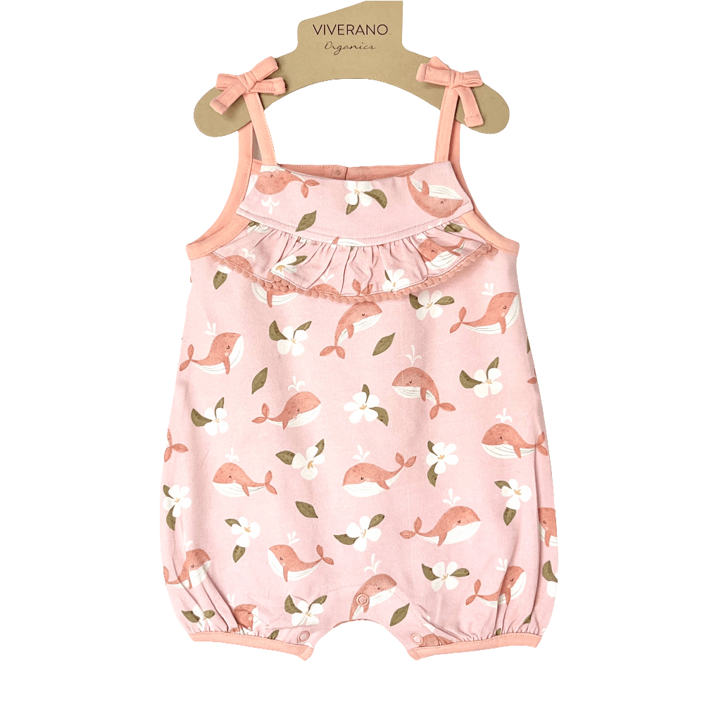 Gardenia Whale Pom-Pom Tie Baby Romper (Organic Jersey)