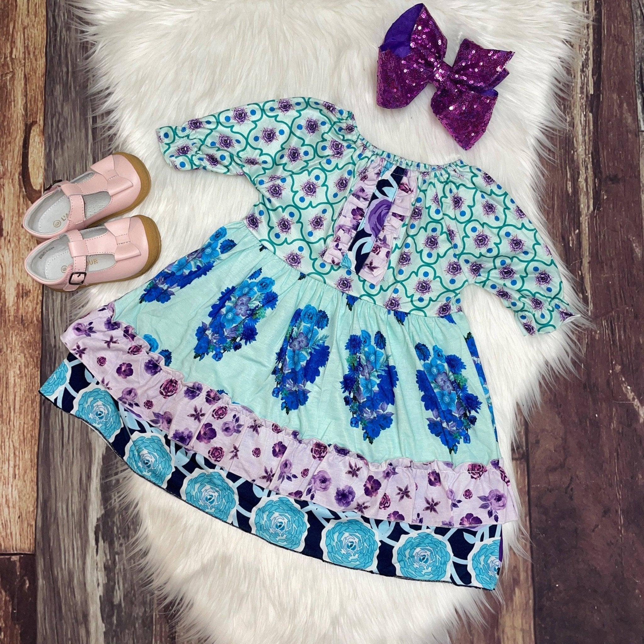 Mint Green & Lavender Short Sleeve Ruffle Dress