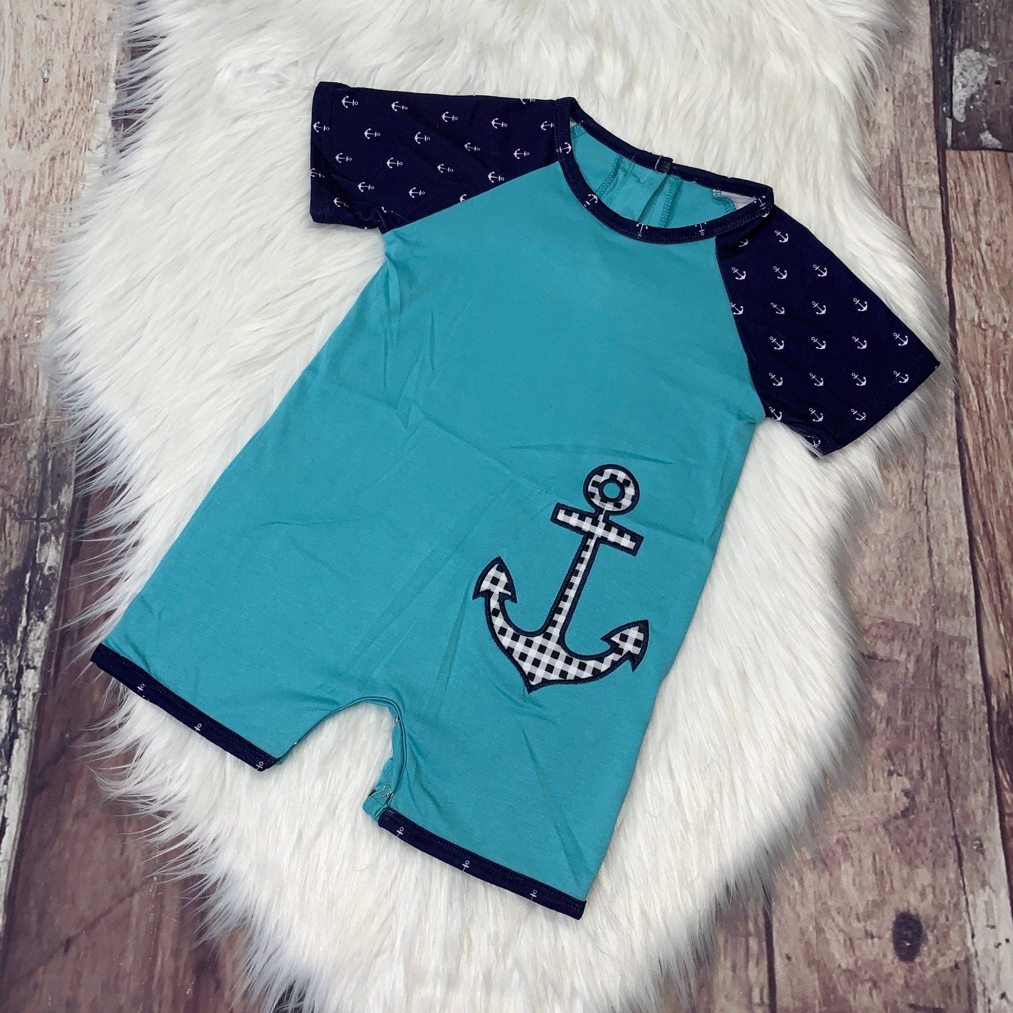 Teal & Navy Blue Embroidered Anchor Boy's Romper
