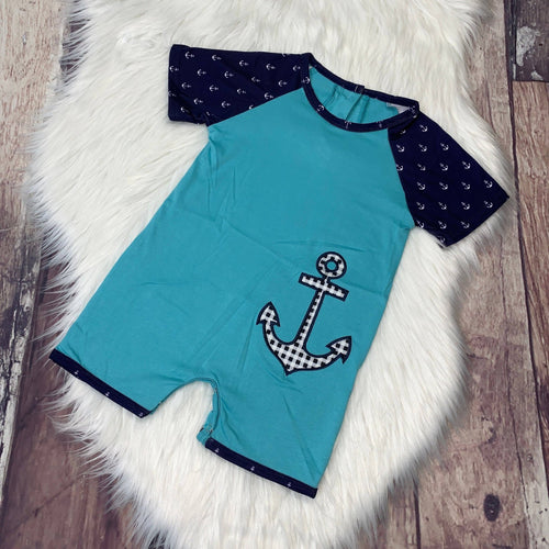 Teal & Navy Blue Embroidered Anchor Boy's Romper Stella Bean Clothing Co