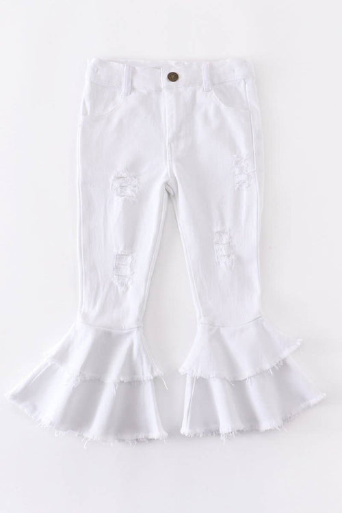 White Double Layered Distressed Denim Jeans Honeydew